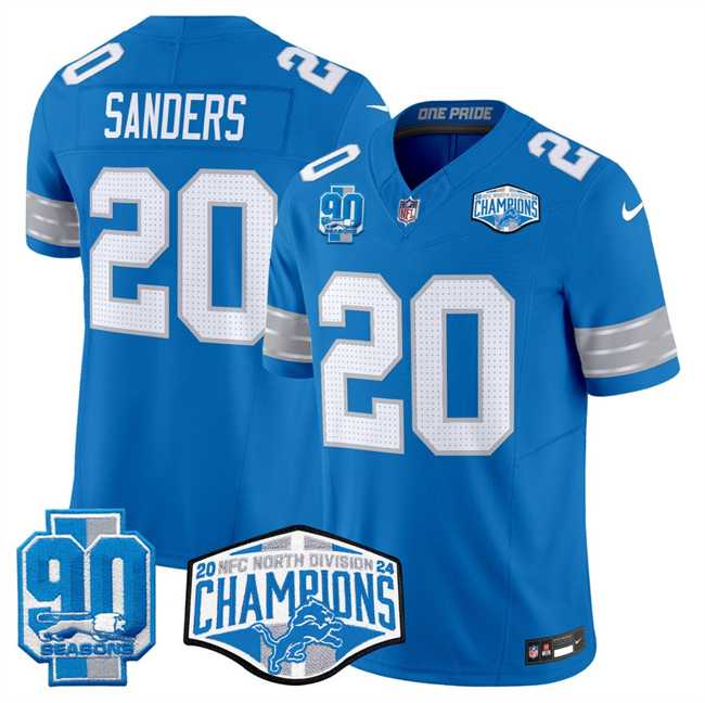 Men%27s Detroit Lions #20 Barry Sanders Blue 2024 NFC North Champions 90th Anniversary Patch F.U.S.E. Vapor Limited Stitched Jersey